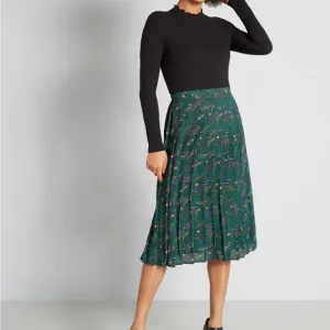 ModCloth Onward to Afresh Pleated Midi Skirt Green Floral