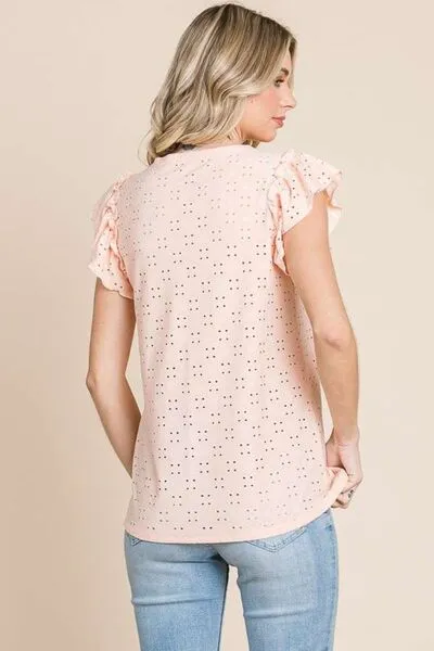 Monica Eyelet Round Neck Ruffled Cap Sleeve Top - Online Exclusive