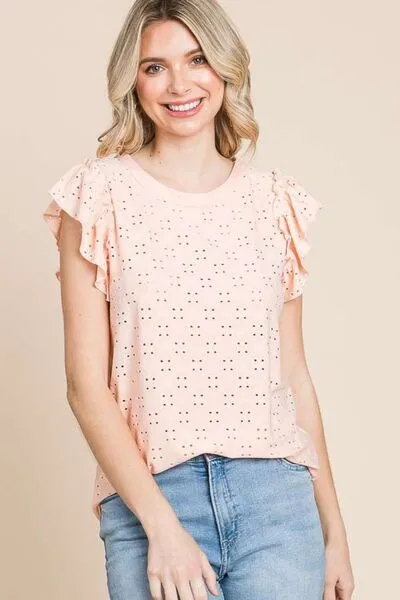 Monica Eyelet Round Neck Ruffled Cap Sleeve Top - Online Exclusive