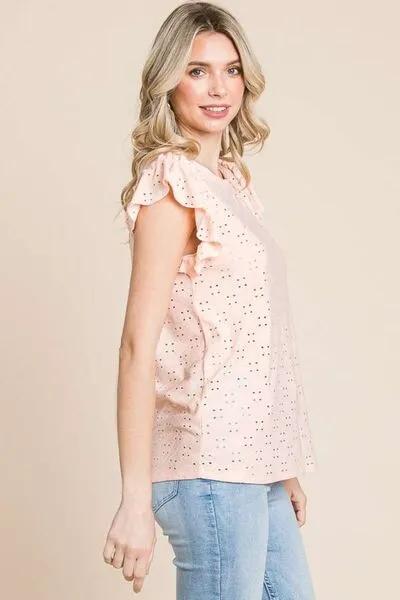 Monica Eyelet Round Neck Ruffled Cap Sleeve Top - Online Exclusive