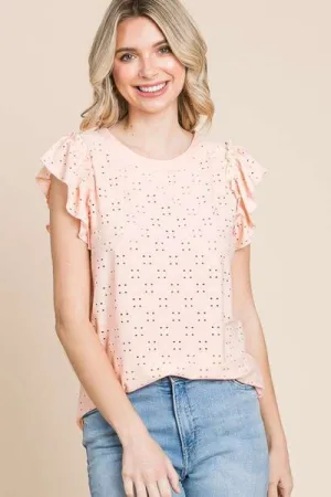 Monica Eyelet Round Neck Ruffled Cap Sleeve Top - Online Exclusive