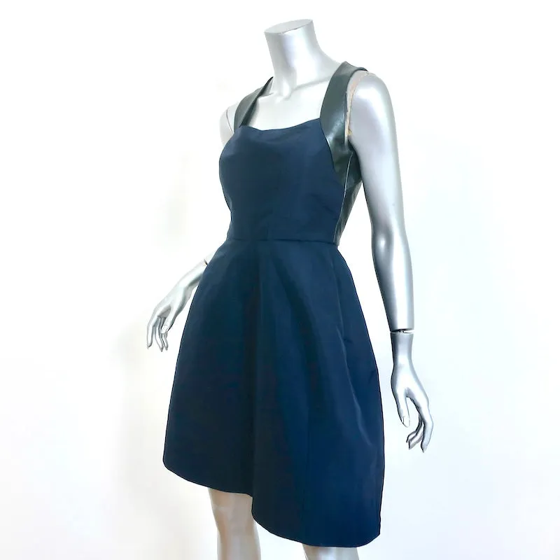 Monique Lhuillier Fit & Flare Mini Dress Navy Silk & Pewter Leather Size 4