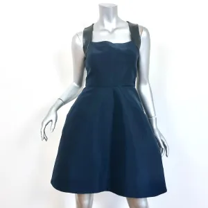 Monique Lhuillier Fit & Flare Mini Dress Navy Silk & Pewter Leather Size 4