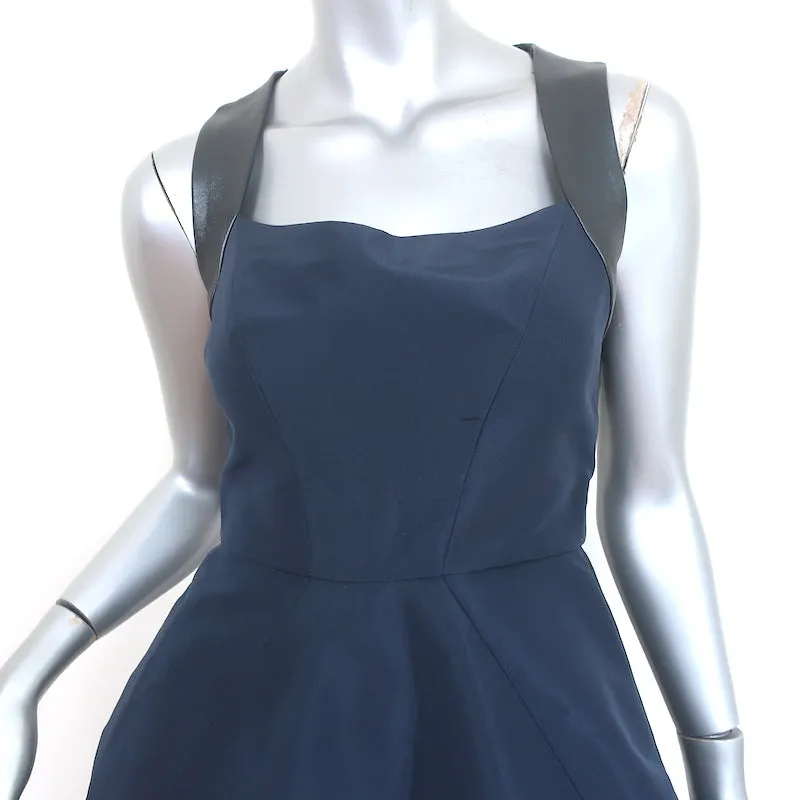 Monique Lhuillier Fit & Flare Mini Dress Navy Silk & Pewter Leather Size 4