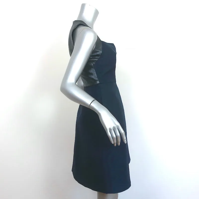 Monique Lhuillier Fit & Flare Mini Dress Navy Silk & Pewter Leather Size 4
