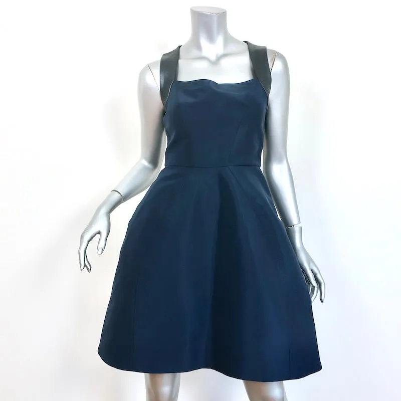 Monique Lhuillier Fit & Flare Mini Dress Navy Silk & Pewter Leather Size 4