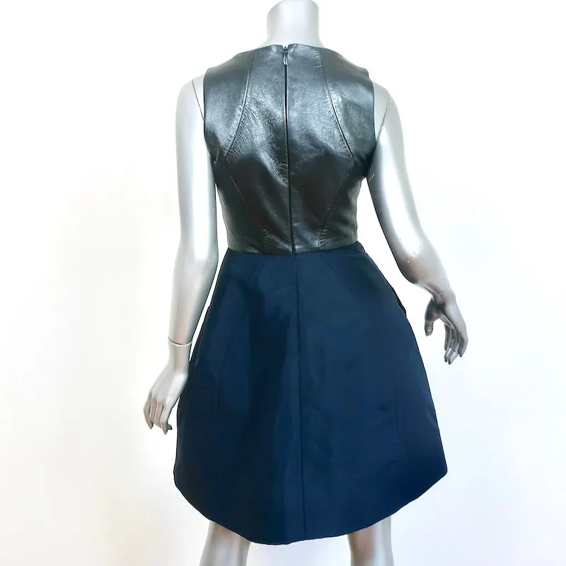 Monique Lhuillier Fit & Flare Mini Dress Navy Silk & Pewter Leather Size 4