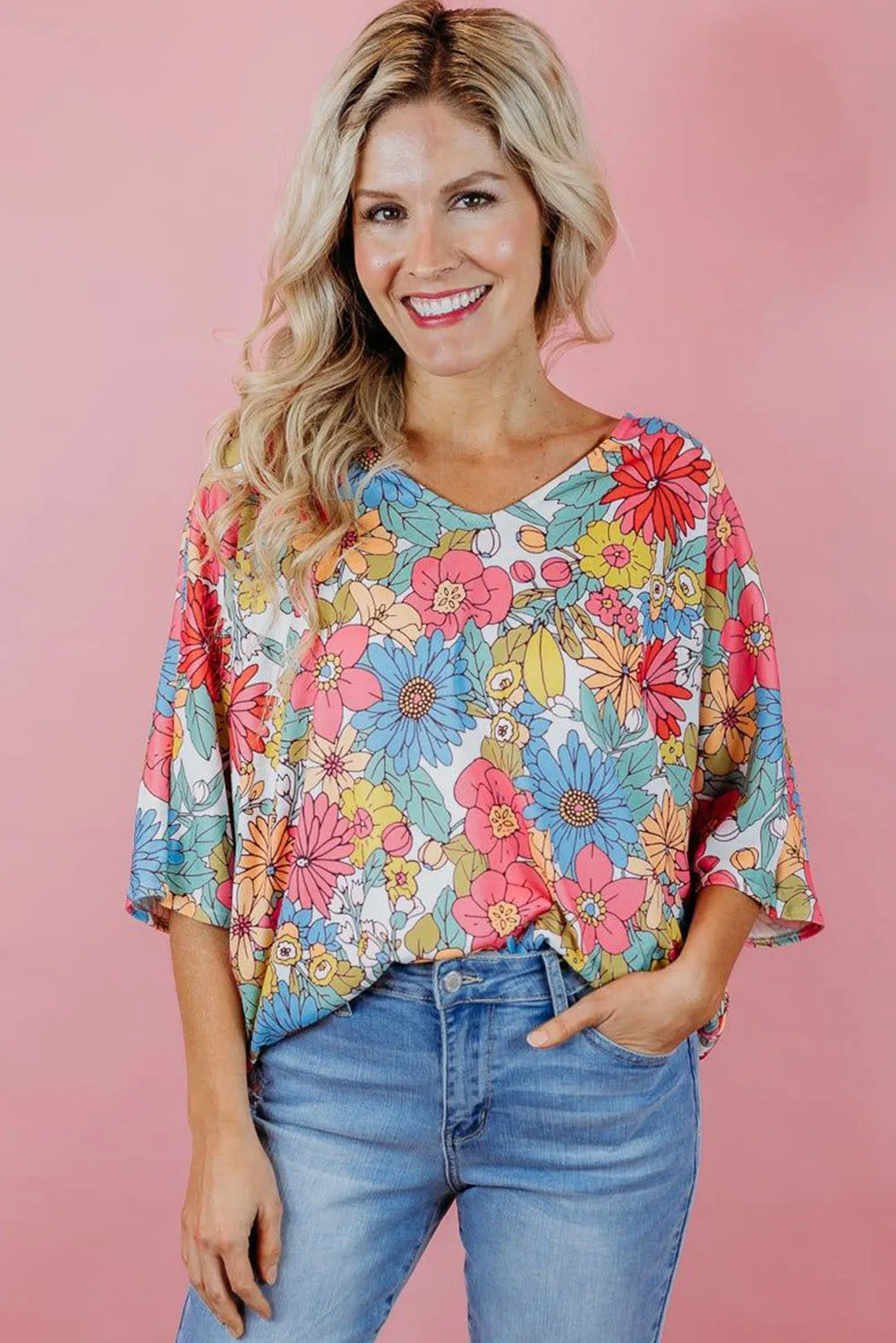 Multicolor Floral Print V Neck Half Sleeve Blouse