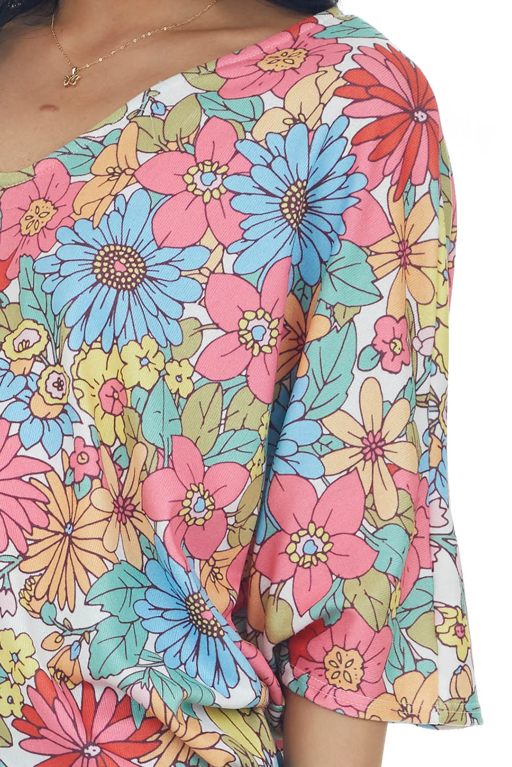 Multicolor Floral Print V Neck Half Sleeve Blouse