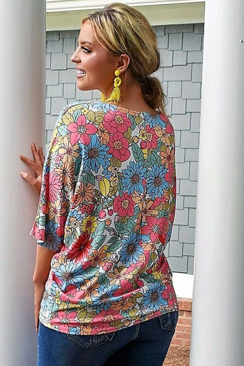 Multicolor Floral Print V Neck Half Sleeve Blouse