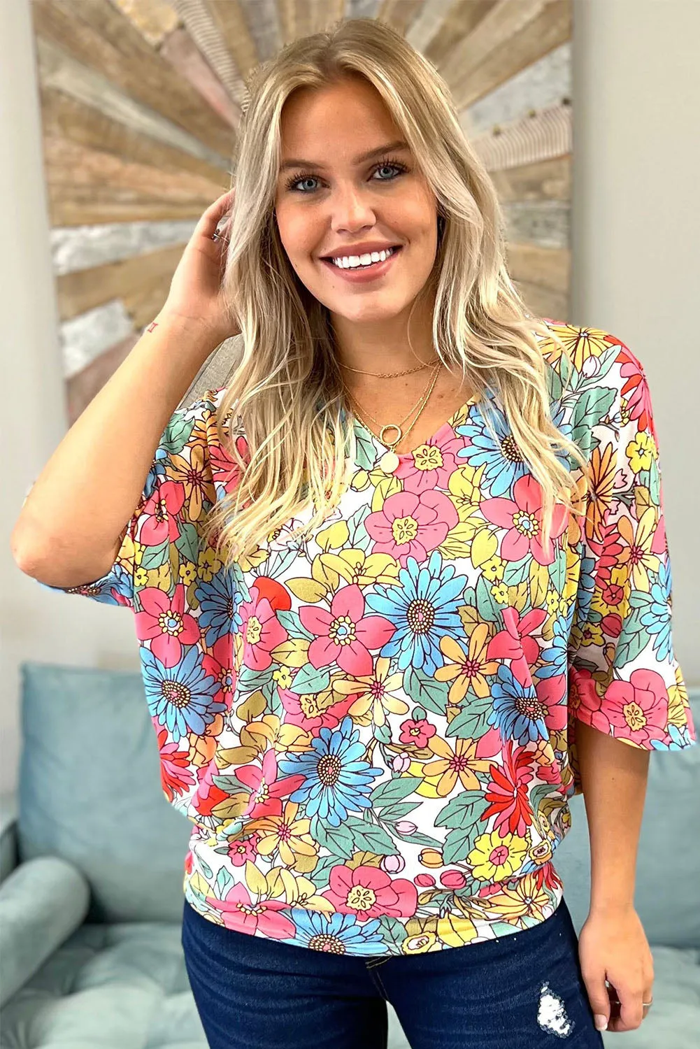 Multicolor Floral Print V Neck Half Sleeve Blouse