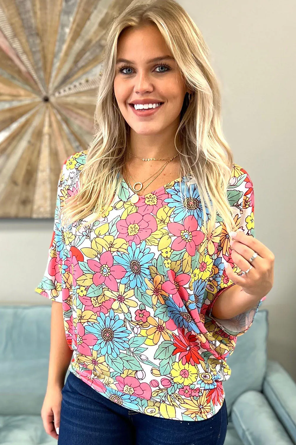 Multicolor Floral Print V Neck Half Sleeve Blouse
