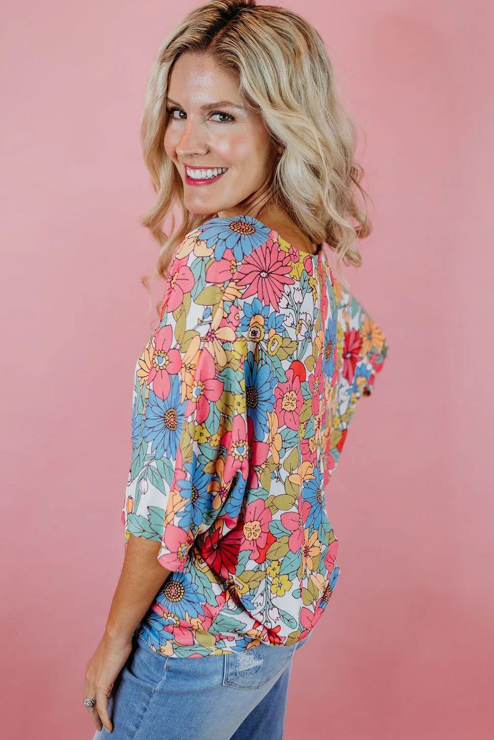 Multicolor Floral Print V Neck Half Sleeve Blouse