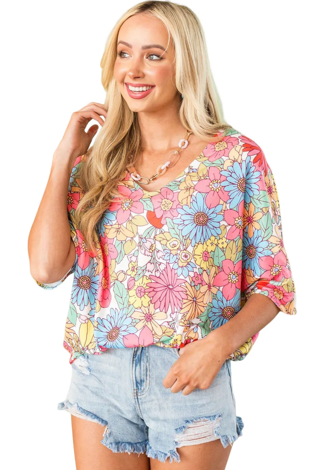 Multicolor Floral Print V Neck Half Sleeve Blouse