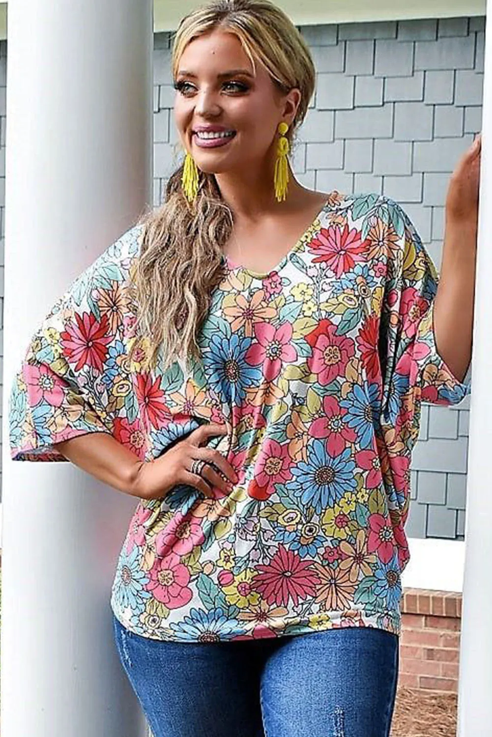 Multicolor Floral Print V Neck Half Sleeve Blouse