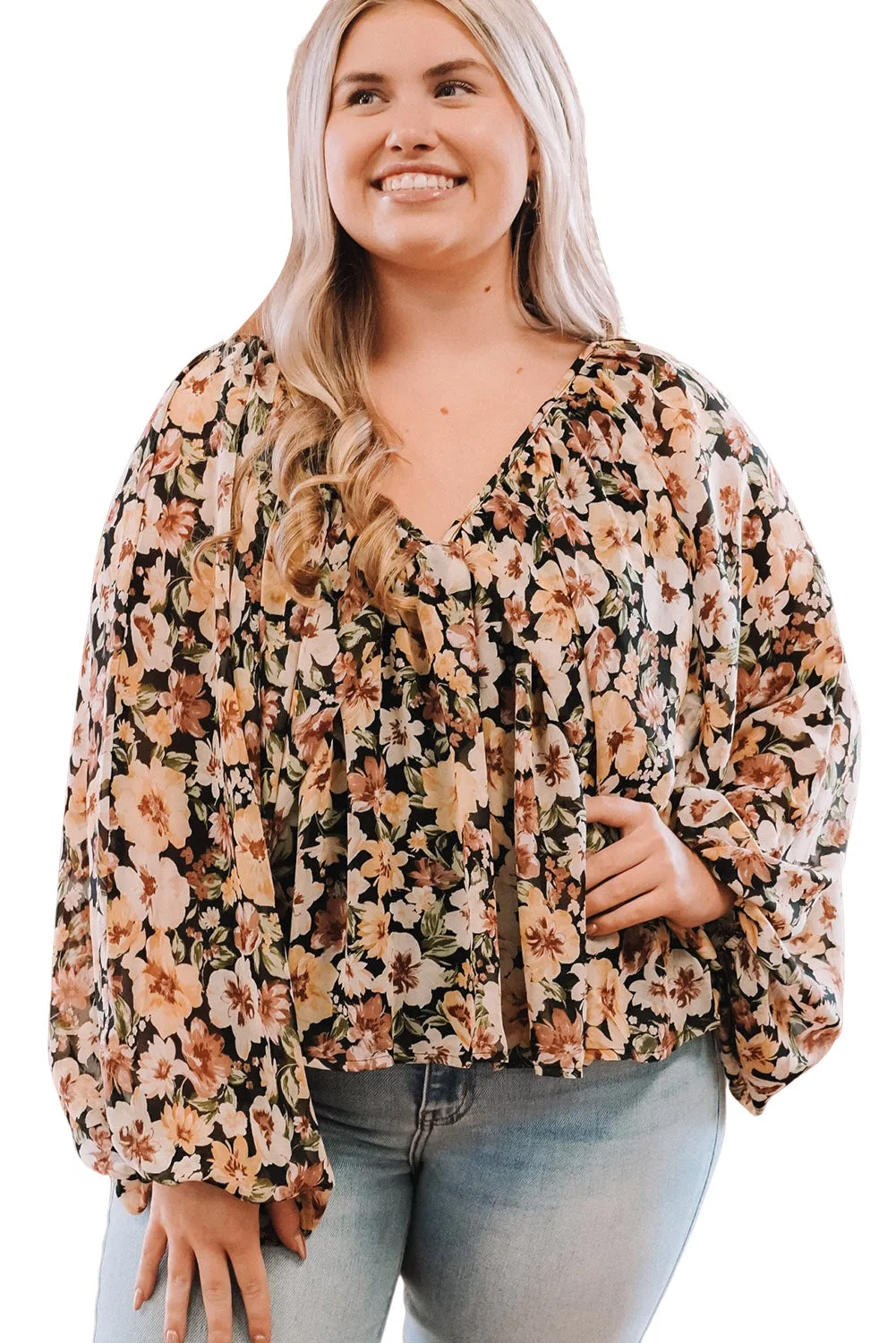 Multicolor Floral V-Neck Long Sleeve Plus Size Blouse