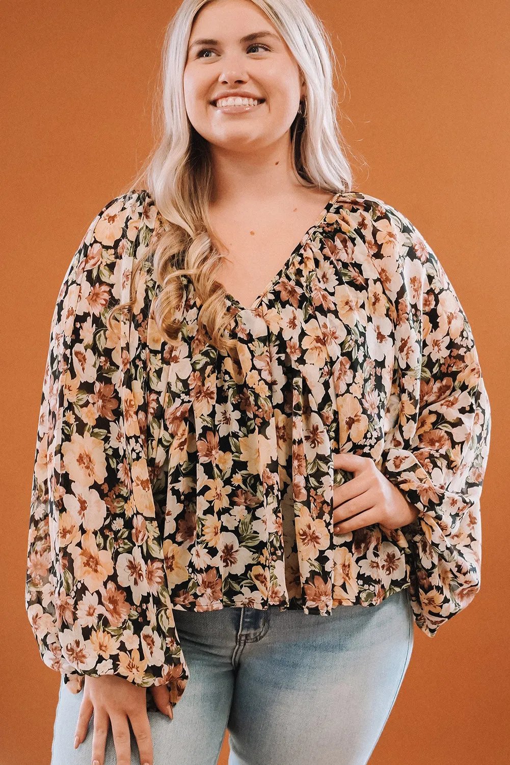 Multicolor Floral V-Neck Long Sleeve Plus Size Blouse