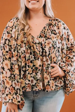 Multicolor Floral V-Neck Long Sleeve Plus Size Blouse