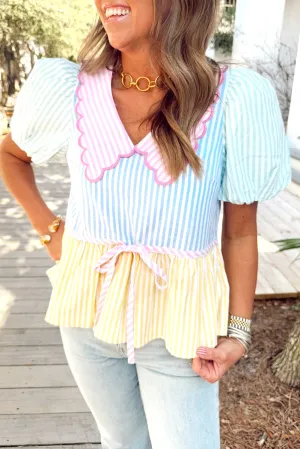 Multicolour Striped Color Block Peter Pan Collar Knot Peplum Blouse