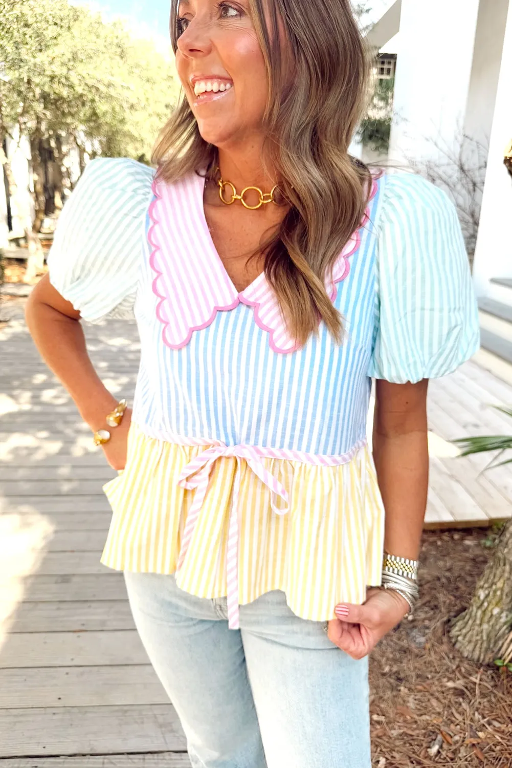 Multicolour Striped Color Block Peter Pan Collar Knot Peplum Blouse