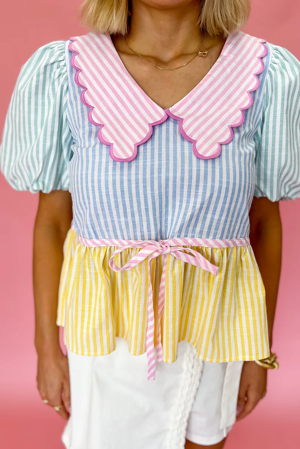 Multicolour Striped Color Block Peter Pan Collar Knot Peplum Blouse