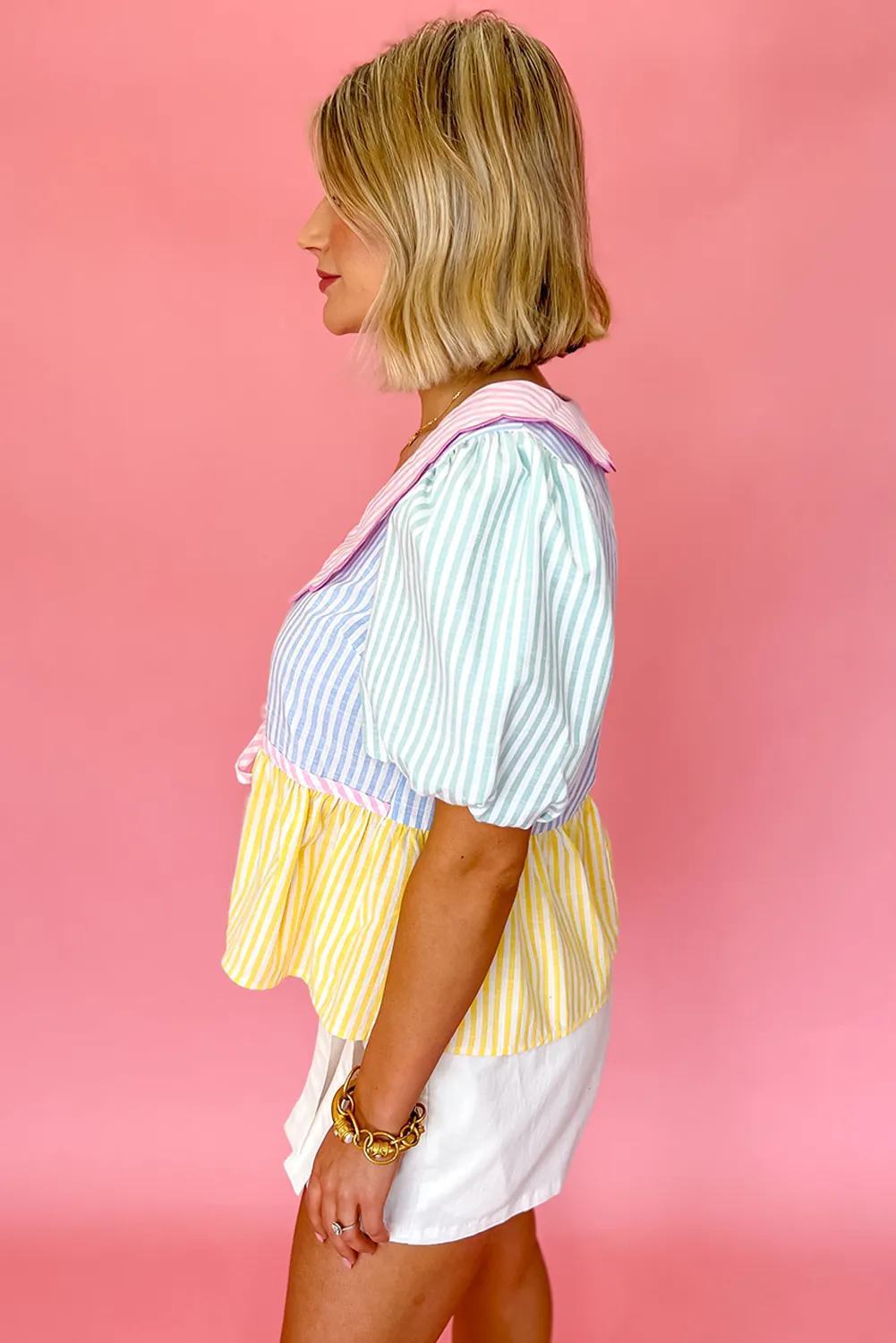 Multicolour Striped Color Block Peter Pan Collar Knot Peplum Blouse