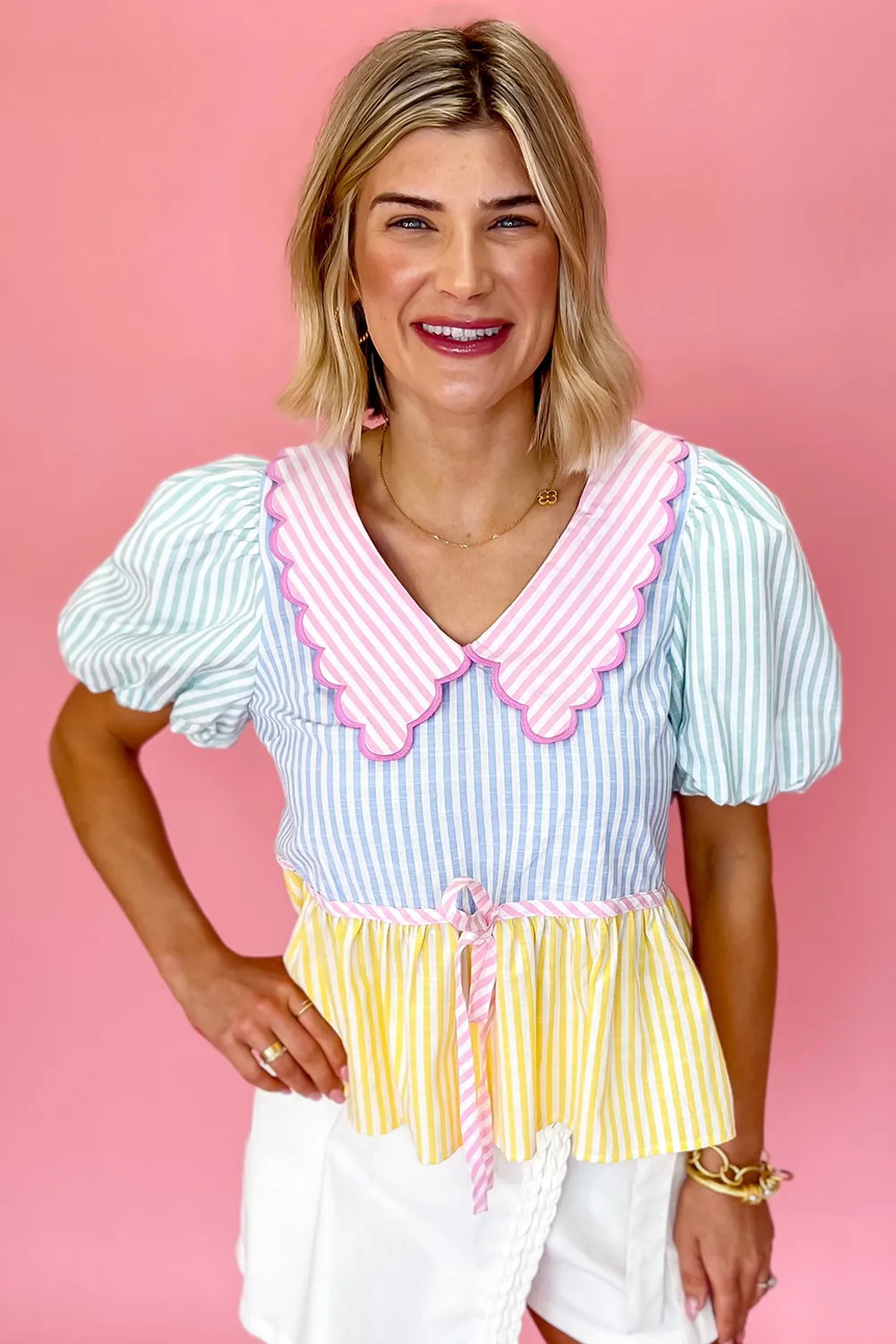Multicolour Striped Color Block Peter Pan Collar Knot Peplum Blouse