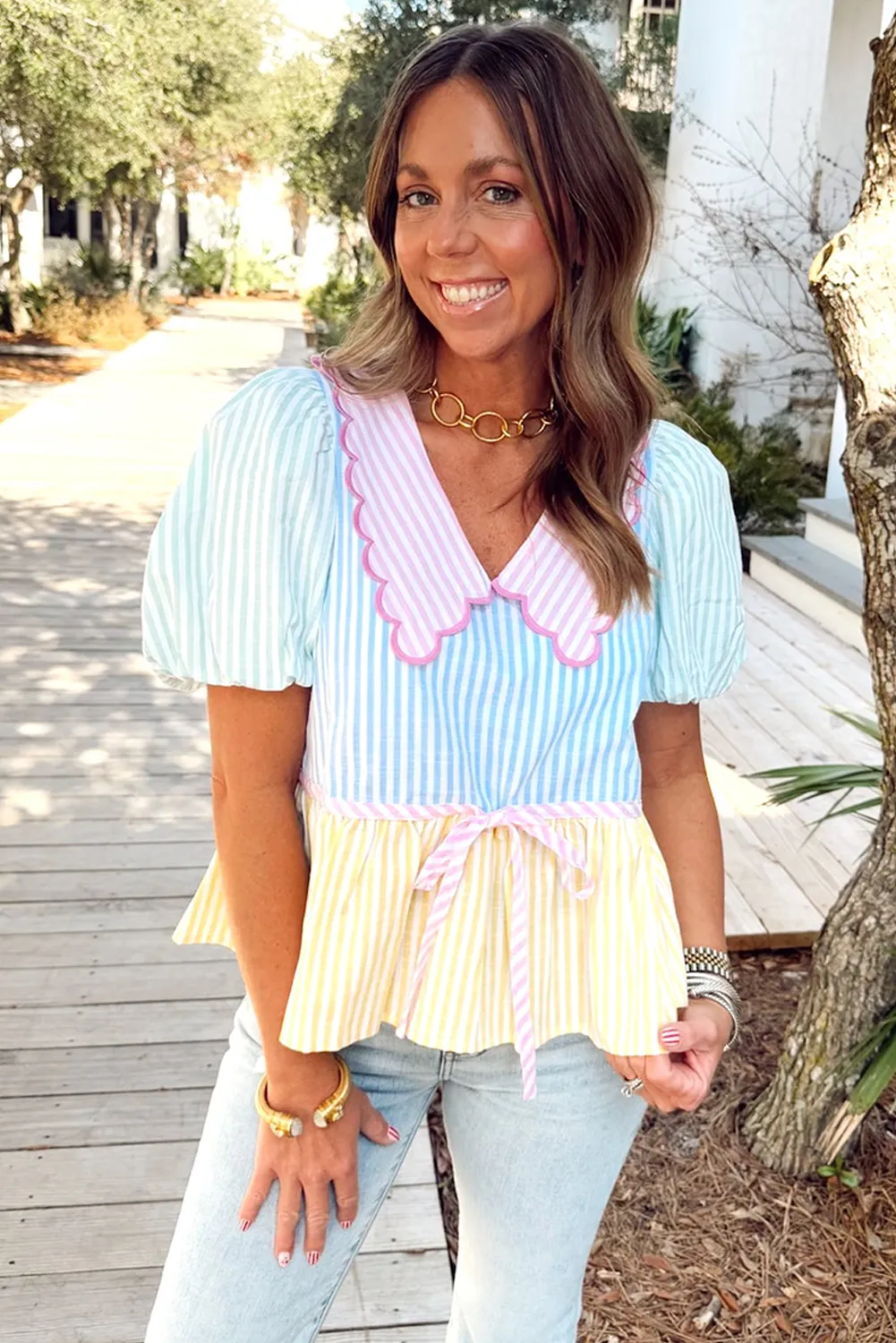 Multicolour Striped Color Block Peter Pan Collar Knot Peplum Blouse