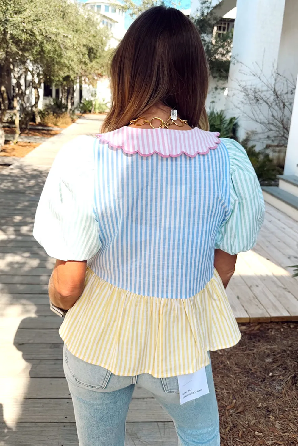 Multicolour Striped Color Block Peter Pan Collar Knot Peplum Blouse