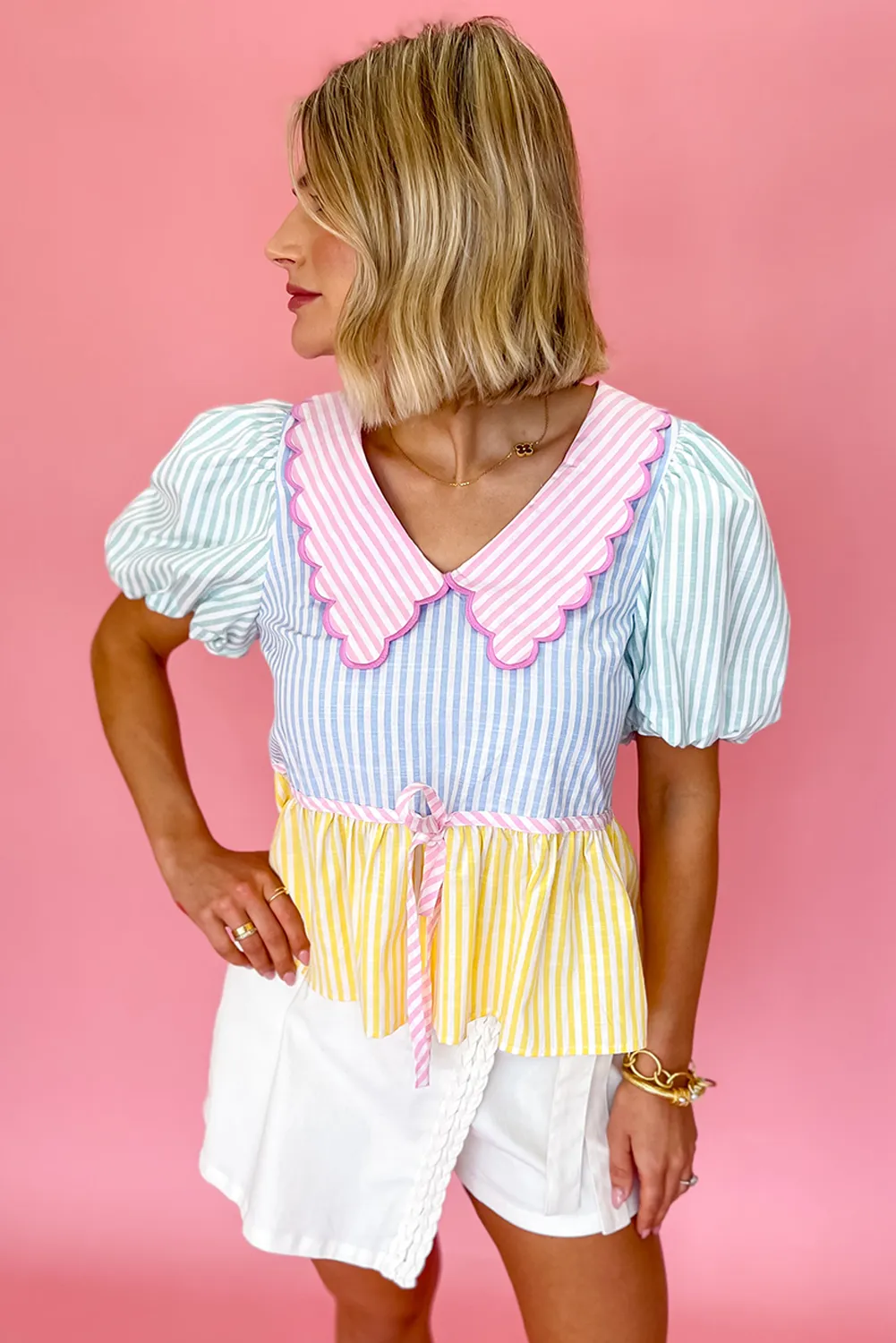 Multicolour Striped Color Block Peter Pan Collar Knot Peplum Blouse