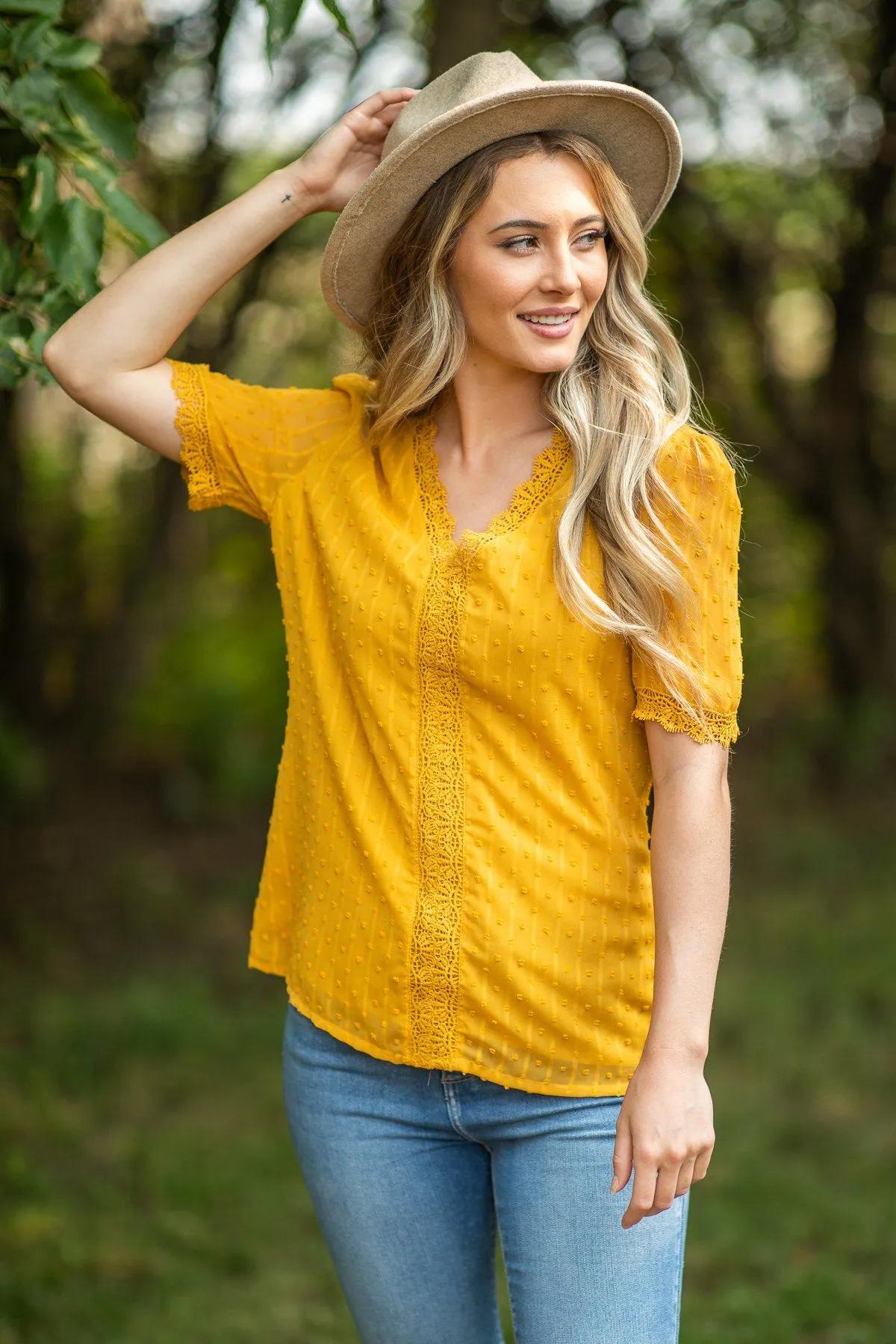 Mustard Lace Trim Swiss Dots Blouse