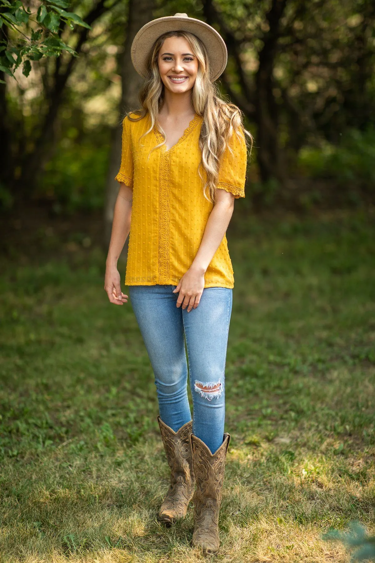 Mustard Lace Trim Swiss Dots Blouse