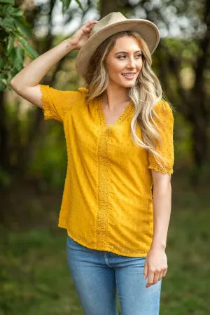 Mustard Lace Trim Swiss Dots Blouse