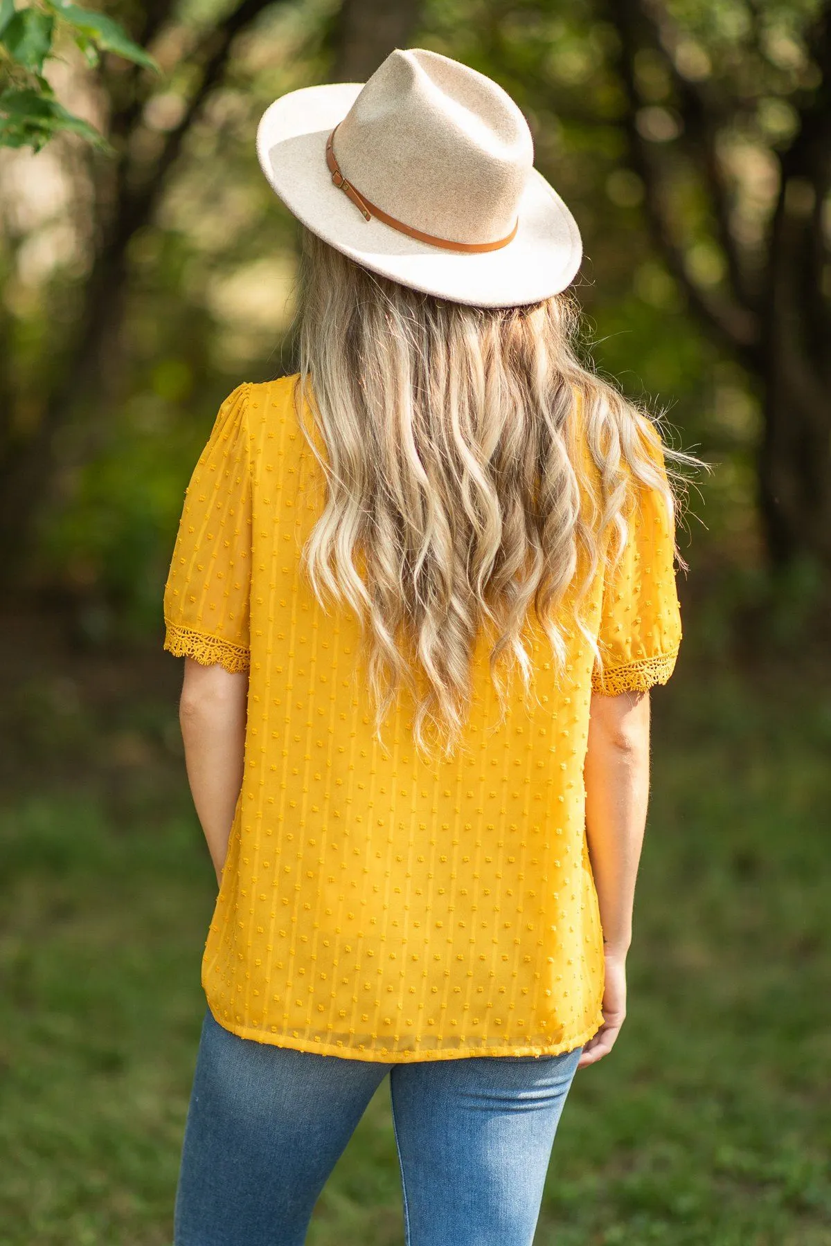 Mustard Lace Trim Swiss Dots Blouse