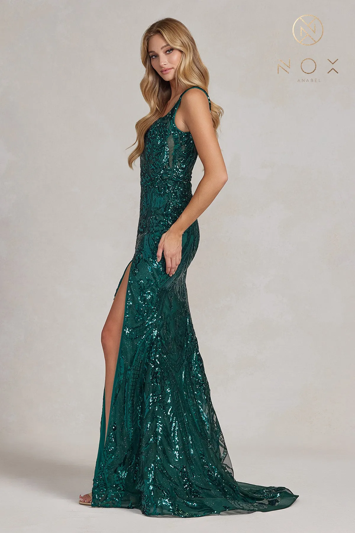 N C1103 - Sequin Print Bateau Neck Fit & Flare Prom Gown with Leg Slit