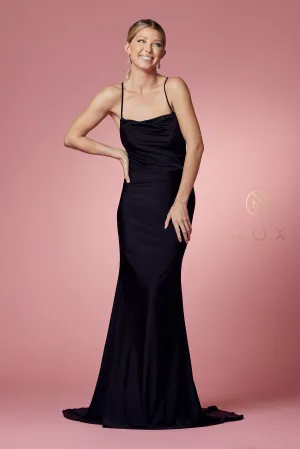 N E1007 - Stretch Jersey Fit & Flare Prom Gown with Bateau Neck & Open Corset Back