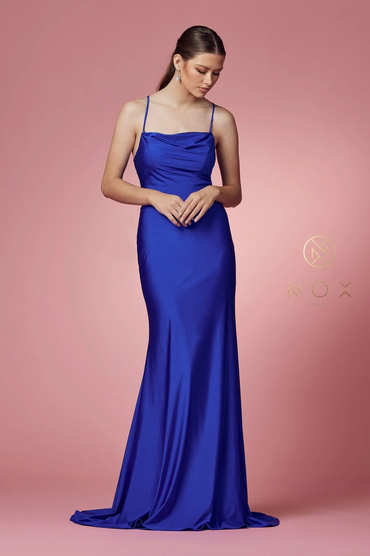 N E1007 - Stretch Jersey Fit & Flare Prom Gown with Bateau Neck & Open Corset Back