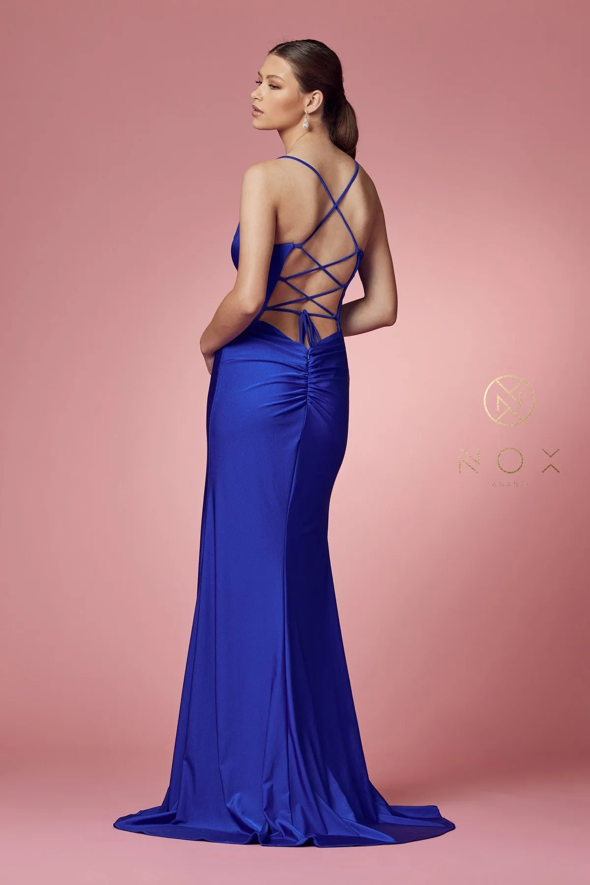 N E1007 - Stretch Jersey Fit & Flare Prom Gown with Bateau Neck & Open Corset Back