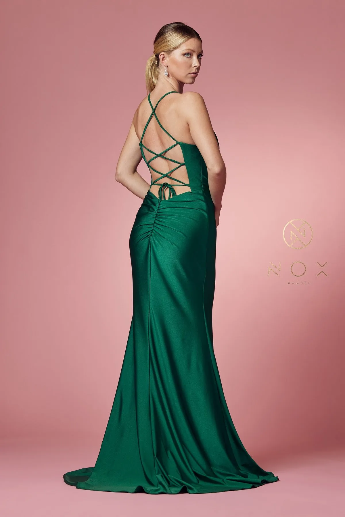 N E1007 - Stretch Jersey Fit & Flare Prom Gown with Bateau Neck & Open Corset Back
