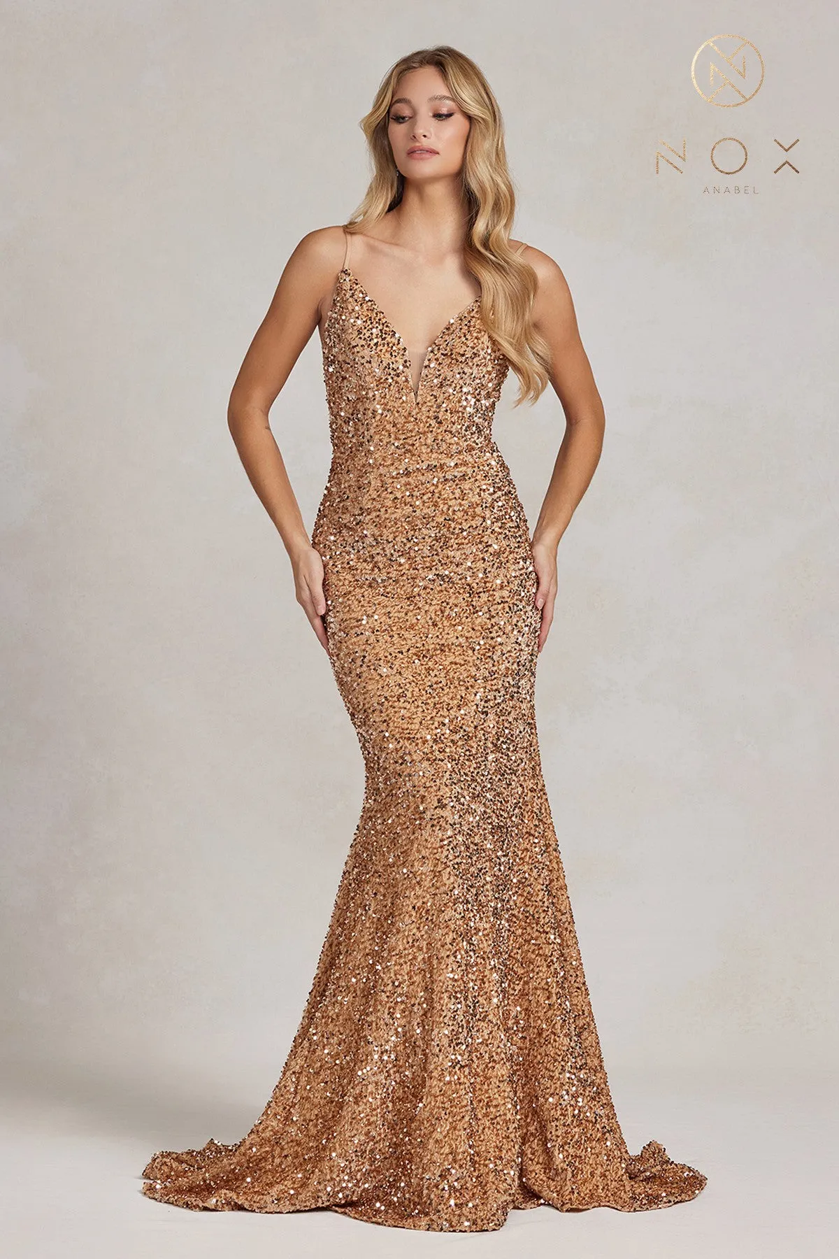 N R1071 - Full Sequin Fit & Flare Prom Gown with V-Neck Sheer Underarms Open Back
