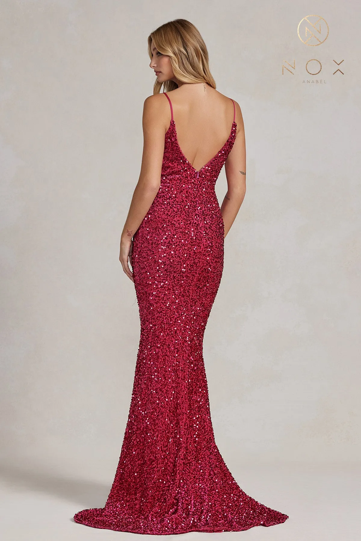 N R1071 - Full Sequin Fit & Flare Prom Gown with V-Neck Sheer Underarms Open Back