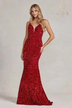 N R1071 - Full Sequin Fit & Flare Prom Gown with V-Neck Sheer Underarms Open Back