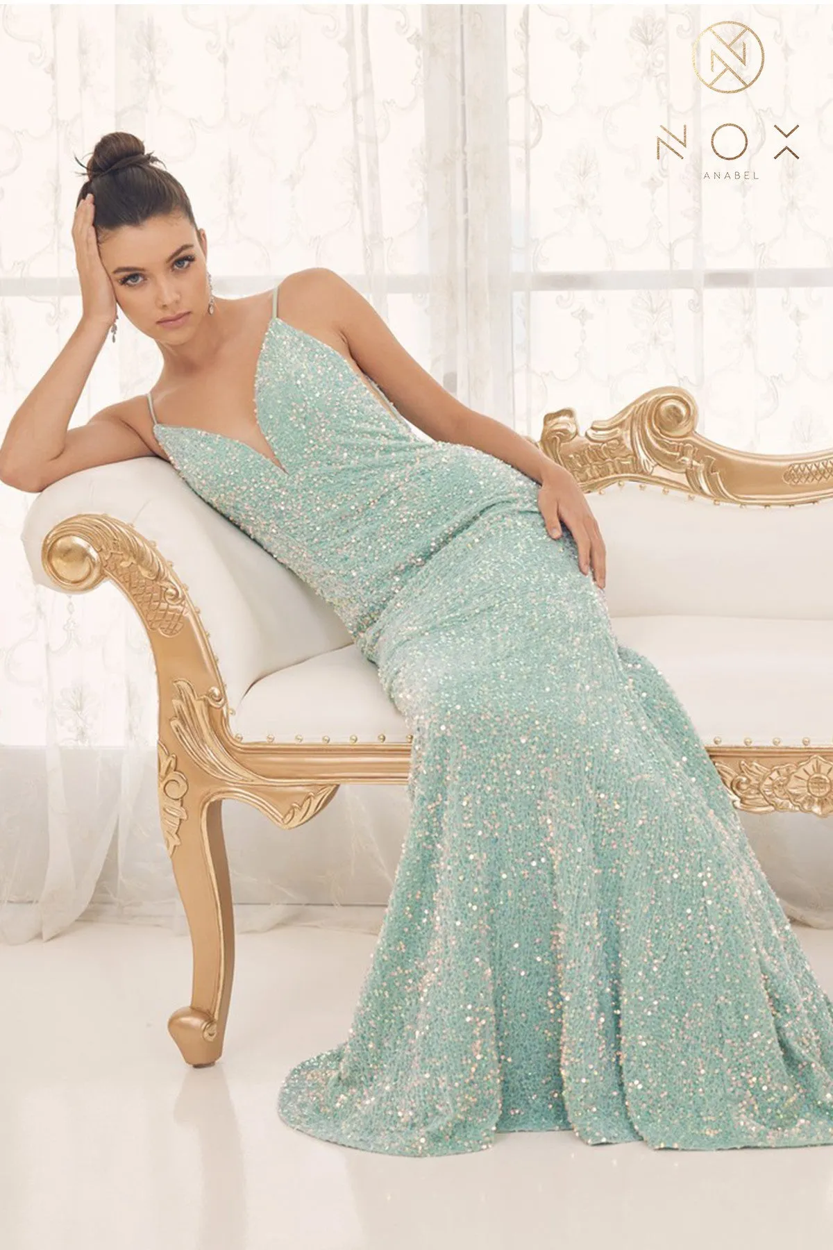 N R1071 - Full Sequin Fit & Flare Prom Gown with V-Neck Sheer Underarms Open Back