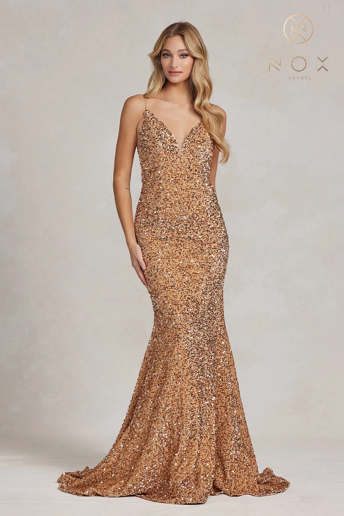 N R1071 - Full Sequin Fit & Flare Prom Gown with V-Neck Sheer Underarms Open Back