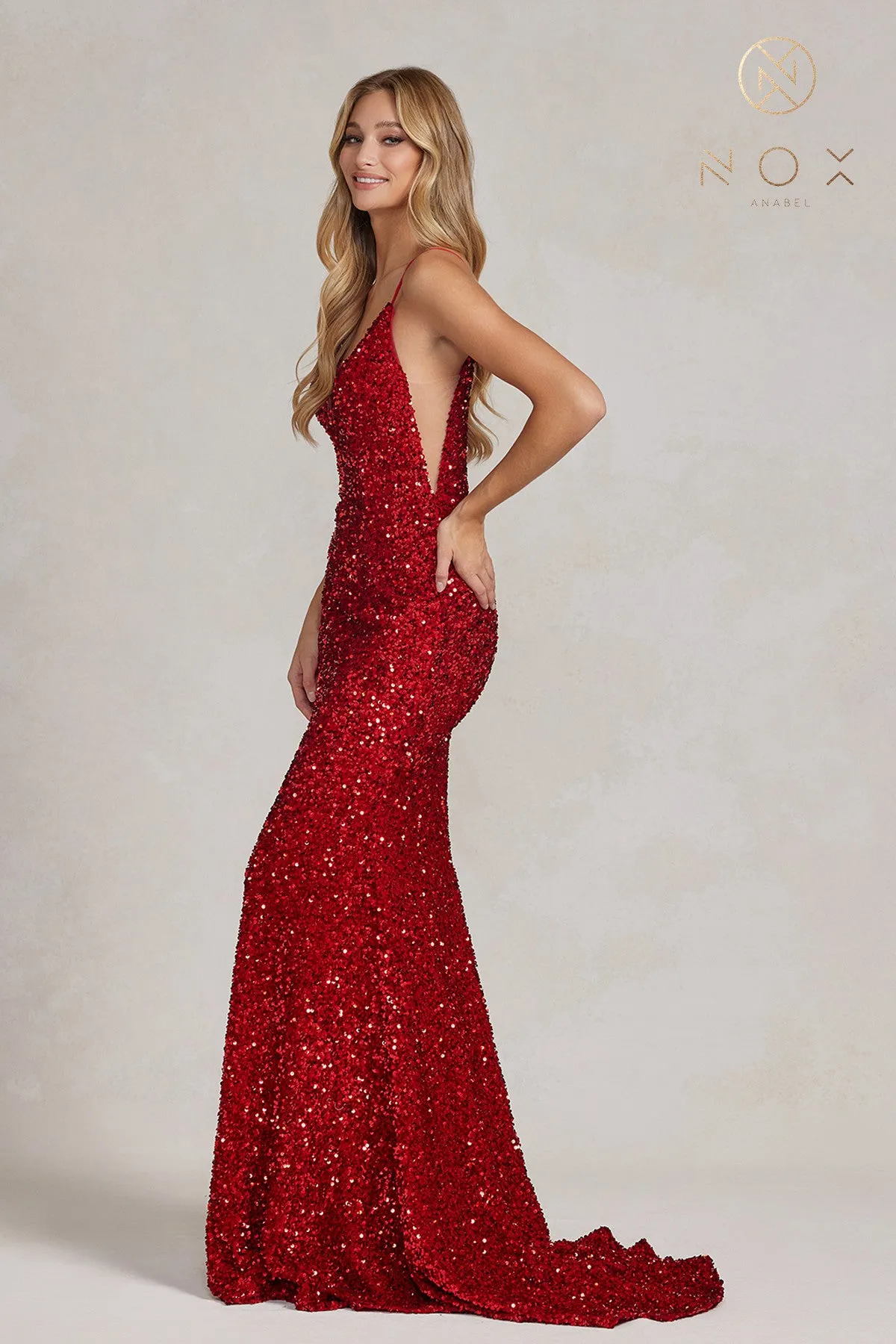 N R1071 - Full Sequin Fit & Flare Prom Gown with V-Neck Sheer Underarms Open Back