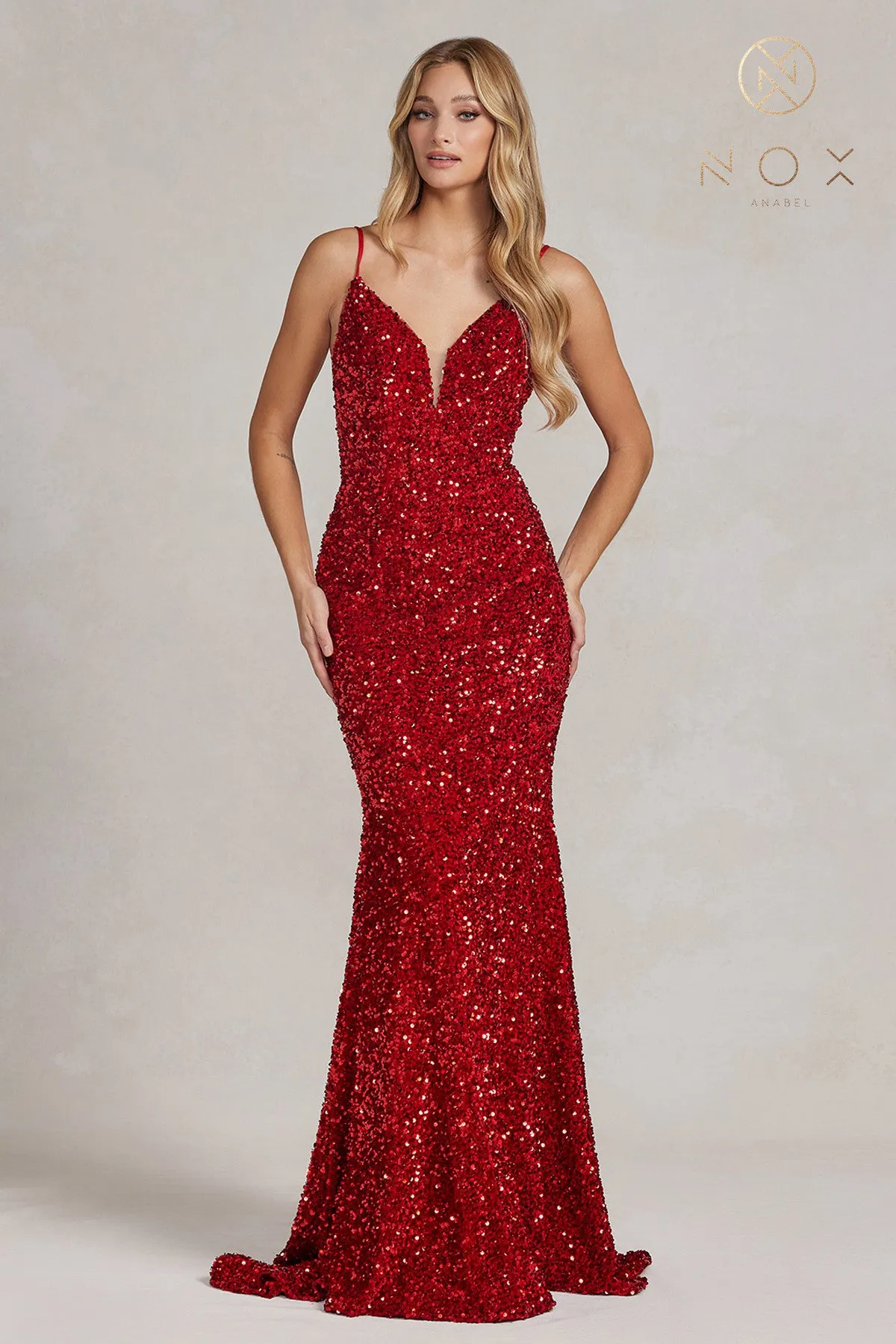 N R1071 - Full Sequin Fit & Flare Prom Gown with V-Neck Sheer Underarms Open Back