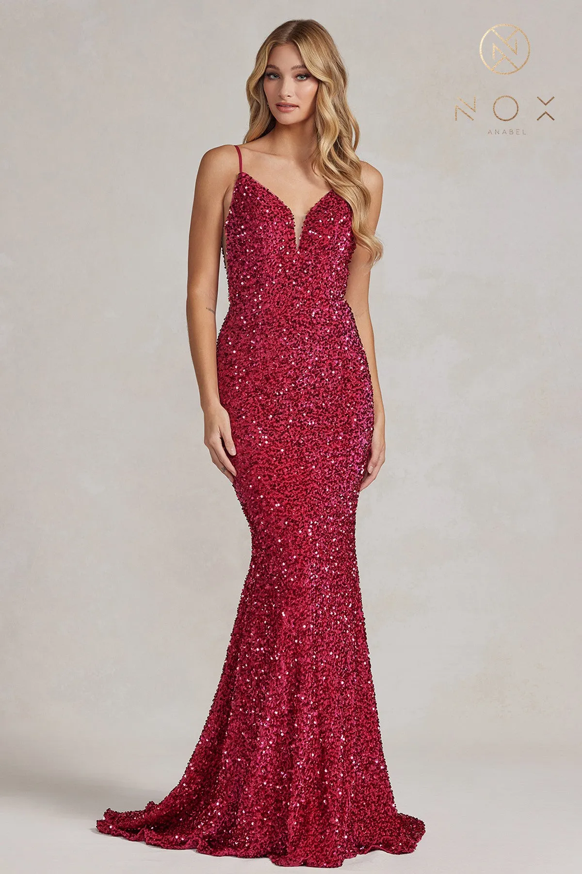 N R1071 - Full Sequin Fit & Flare Prom Gown with V-Neck Sheer Underarms Open Back