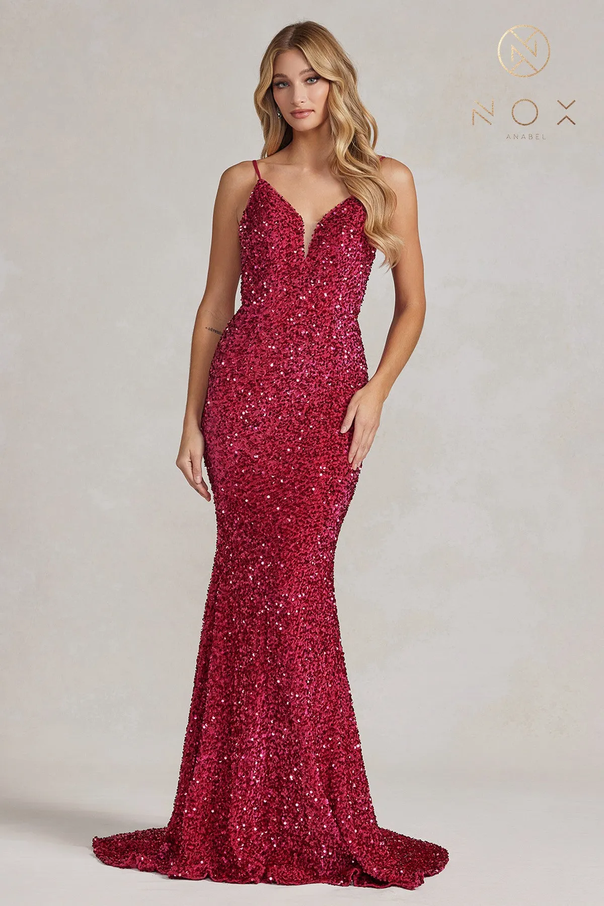 N R1071 - Full Sequin Fit & Flare Prom Gown with V-Neck Sheer Underarms Open Back