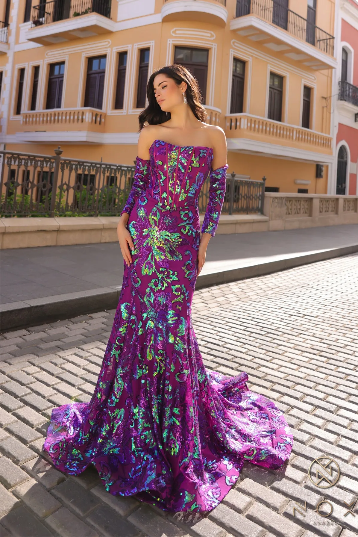 N R1268 - Strapless Printed Iridescent Sequin Fit & Flare Prom Gown with Boned Corset Bodice & Mock Sleeves