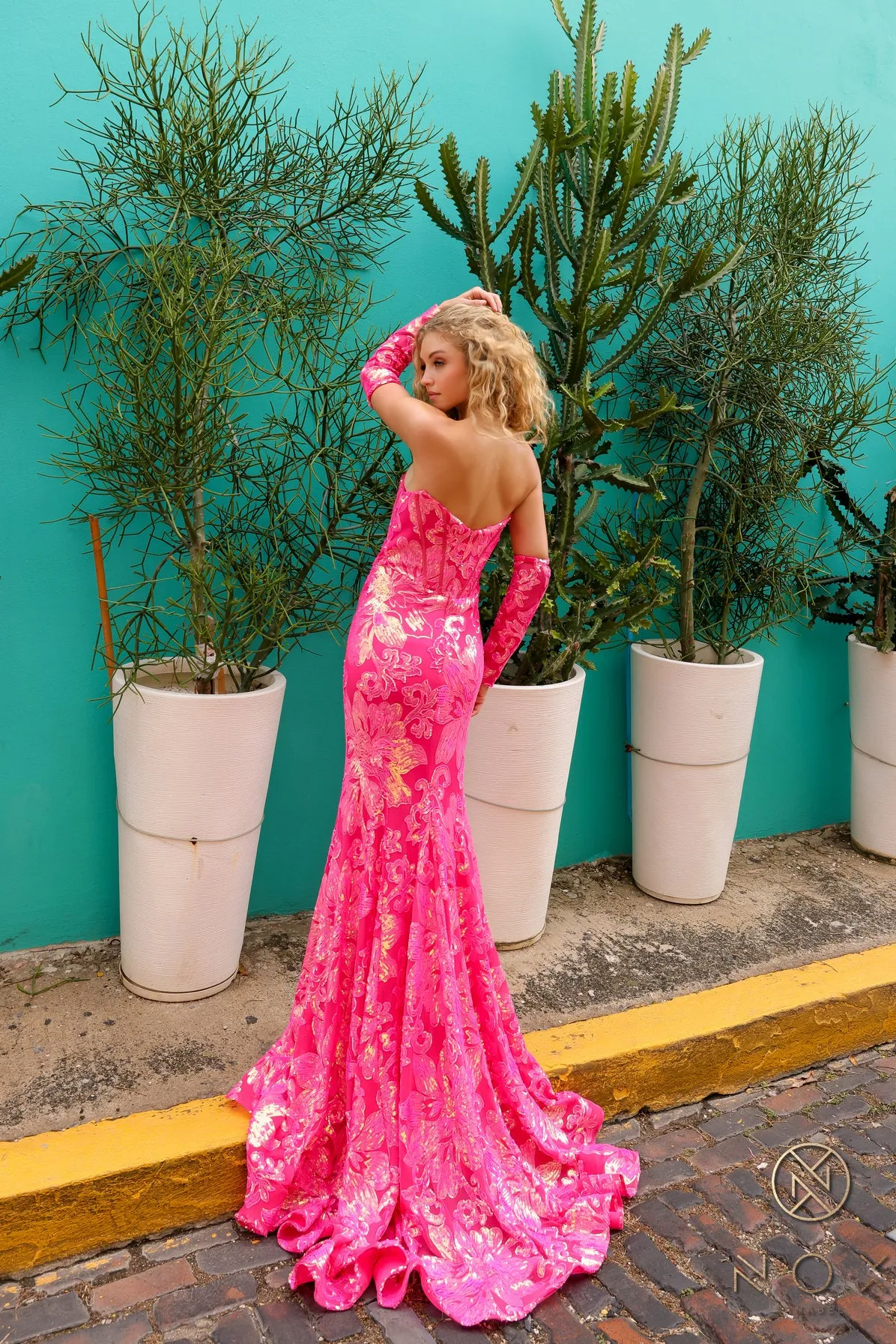 N R1268 - Strapless Printed Iridescent Sequin Fit & Flare Prom Gown with Boned Corset Bodice & Mock Sleeves